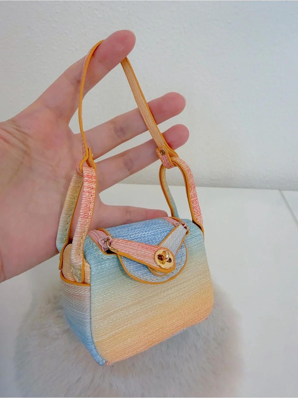 Mini Top Handle Bag Charm Woven Texture Coin Pouch Rainbow Luxury Style